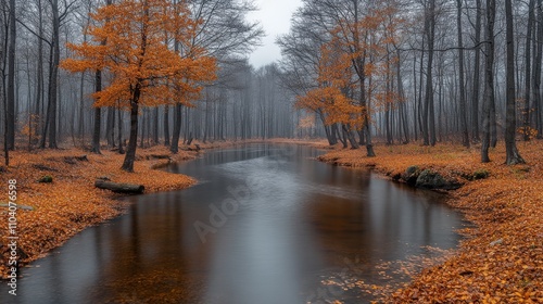 A serene autumn landscape with a foggy river and vibrant orange foliage.