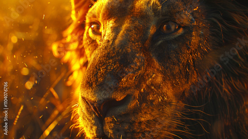 A close-up of a lion's face in the golden light of dawn. photo