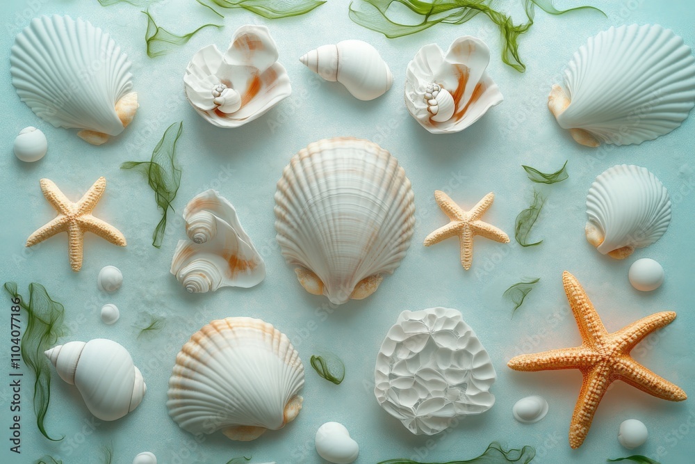 A serene arrangement of various seashells and starfish on a soft aqua background, evoking a coastal charm. A serene arrangement of various seashells and starfish on a soft aqua background, evoking a coastal charm.