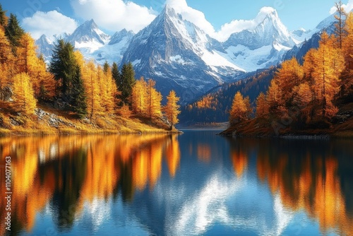 A serene autumn landscape featuring vibrant orange trees reflecting on a tranquil lake with majestic snow-capped mountains.