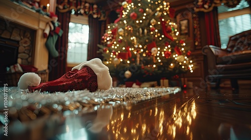 Santa's hat rests on the floor near a brightly lit Christmas tree.