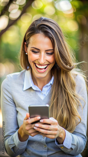 Happy young woman enjoys using her smartphone in a park, surrounded by greenery and nature, capturing the joy of social connection and modern technology in everyday life.