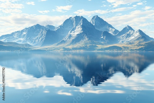 Breathtaking mountain landscape reflecting in a serene lake under a blue sky with scattered clouds.