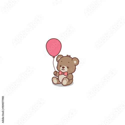 Cute teddy bear holding balloon cartoon, vector illustration