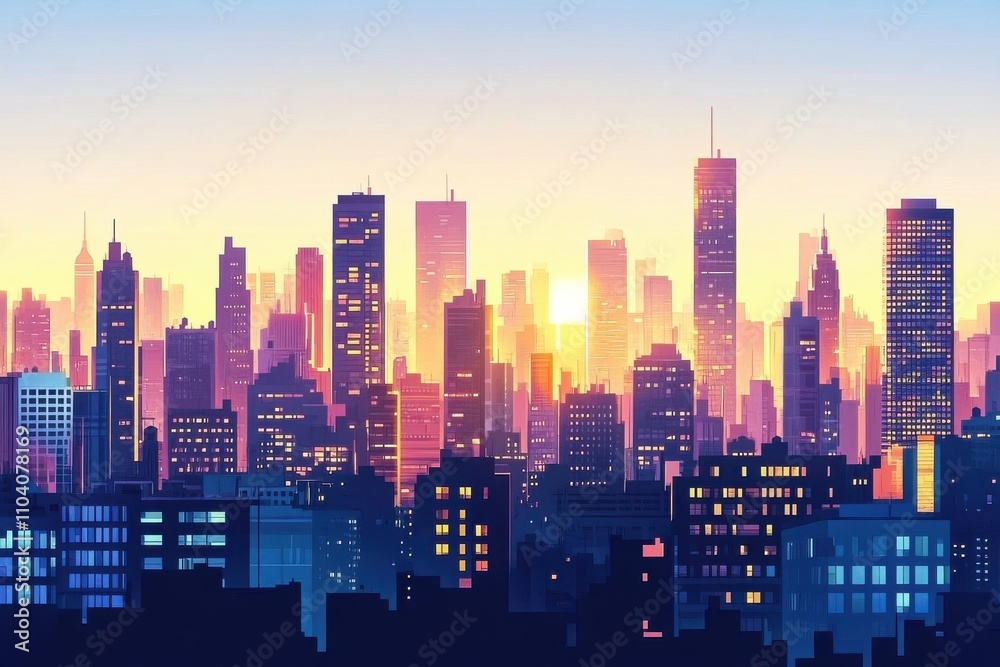 Vibrant city skyline at sunset, showcasing towering buildings silhouetted against a colorful sky. Vibrant city skyline at sunset, showcasing towering buildings silhouetted against a colorful sky.