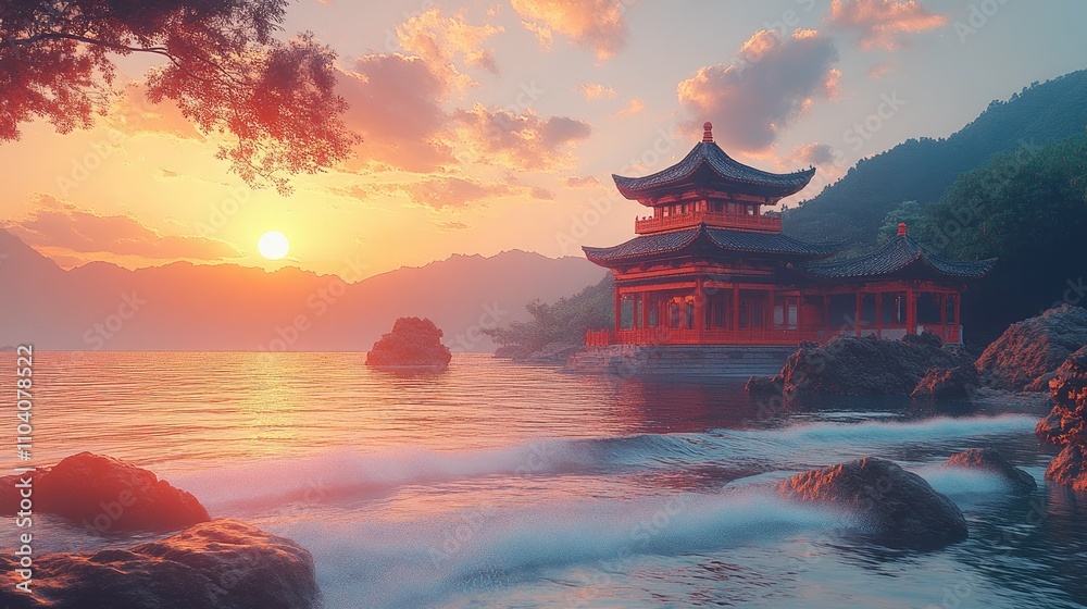 Obraz premium Serene sunset over a tranquil lake with a traditional pagoda and mountains in the background.