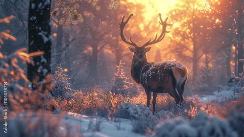 A deer standing in a snow-covered forest at dusk. photo