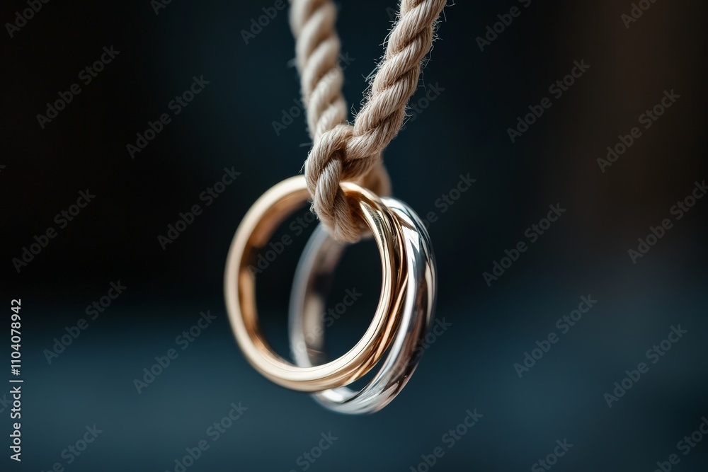 Two shiny wedding rings, one gold and one silver, hang together on a thick, textured rope, symbolizing the union and intertwined lives in marriage commitment. Two shiny wedding rings, one gold and one silver, hang together on a thick, textured rope, symbolizing the union and intertwined lives in marriage commitment.