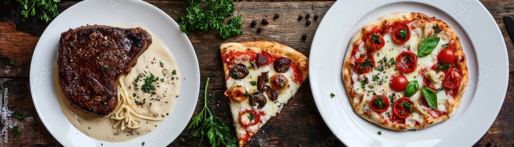 A delicious meal featuring steak, pizza, and pasta on wooden table. A delicious meal featuring steak, pizza, and pasta on wooden table.