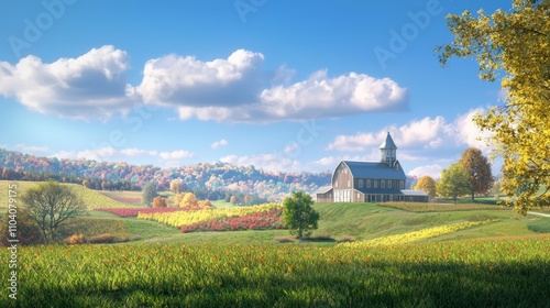 Tranquil Countryside Scenery with Quaint Barn and Colorful Fields - Photorealistic Ultra-Detailed Landscape