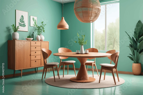 Interior design of modern dining room, wooden table and blue chairs against stucco wall