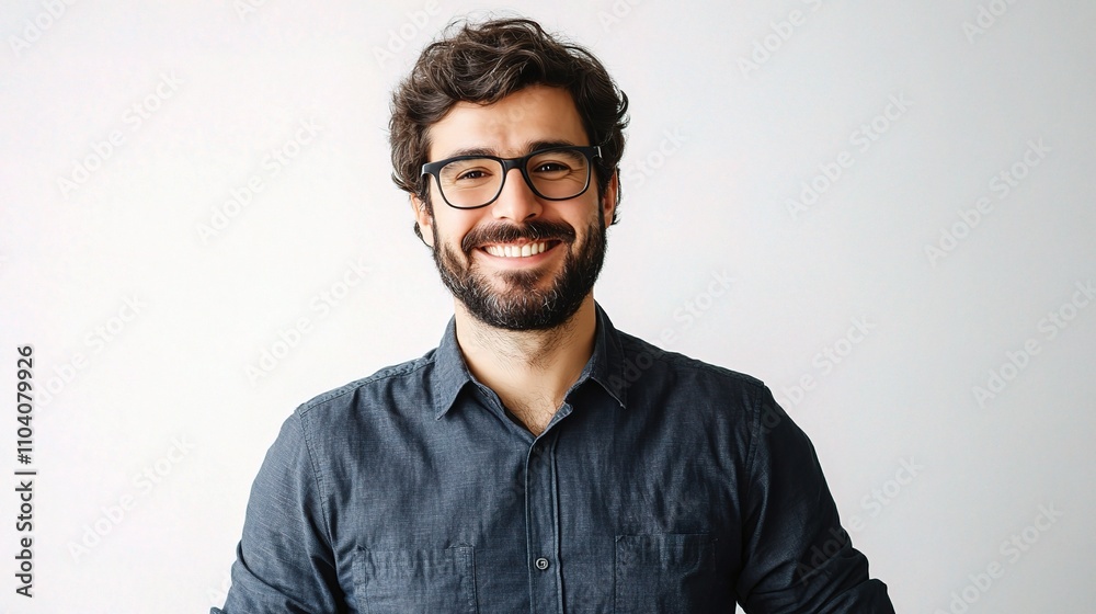 Obraz premium Young Man with Glasses Smiling Against a Plain White Background