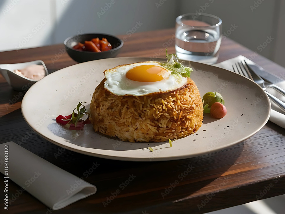 Indonesian Fried Rice with a Modern Restaurant Presentation Indonesian Fried Rice with a Modern Restaurant Presentation