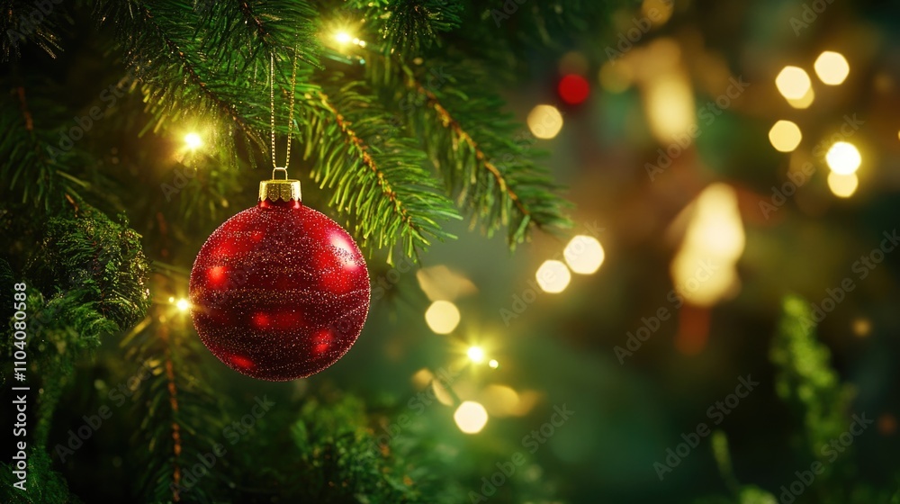 A bright red ornament hangs from a Christmas tree branch A bright red ornament hangs from a Christmas tree branch