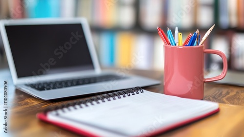 A workspace featuring a laptop, a notepad, and a mug filled with colorful pens.