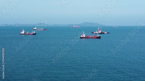 Stunning 4K Aerial Footage: Oil and LPG Tankers Moored in Bay, Capturing Maritime Transport and Logistics for Shipping and Supply Chain Industries