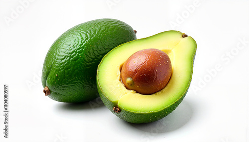 Isolated item on white background of a whole and sliced avocado