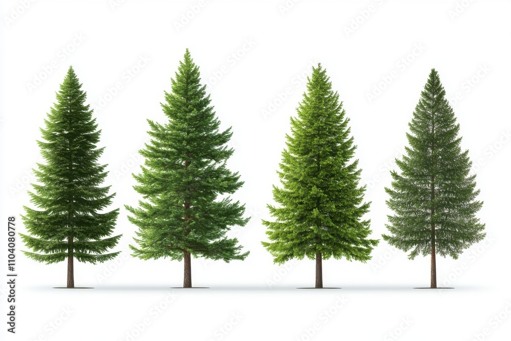 Four diverse evergreen trees showcasing varying shapes and sizes against a clean white background. Four diverse evergreen trees showcasing varying shapes and sizes against a clean white background.