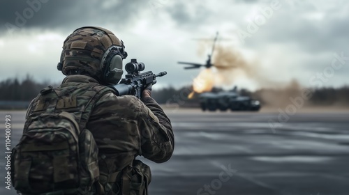 A fully equipped soldier wearing camouflage uniform attacks a military helicopter. Military vehicles in the background. Back view