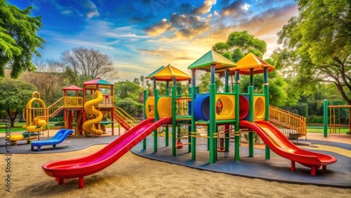 Wallpaper Mural Colorful Playground Equipment under a Vibrant Sky at Sunset in a Public Park, Featuring Slides, Climbing Structures, and Play Areas for Children Torontodigital.ca