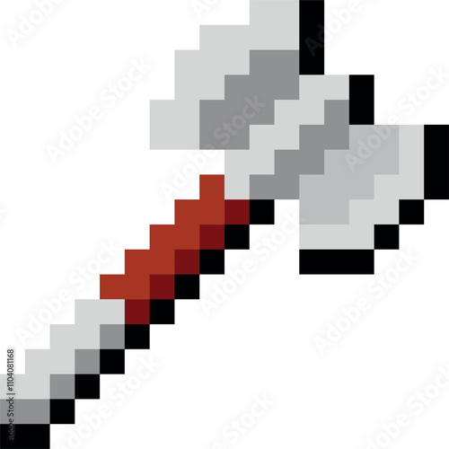 A pixelated image of a wooden sword with a red handle