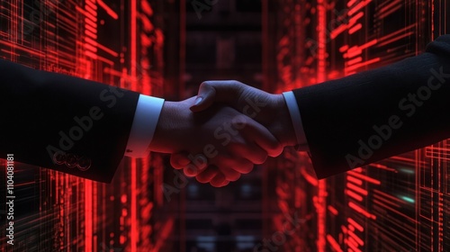 Business handshake in digital setting with red theme