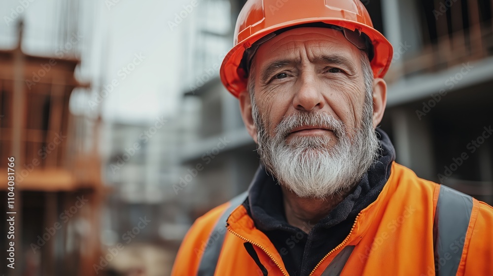 Portrait of a mature construction worker with a gray beard wearing an orange safety vest and helmet at a construction site. Portrait of a mature construction worker with a gray beard wearing an orange safety vest and helmet at a construction site.