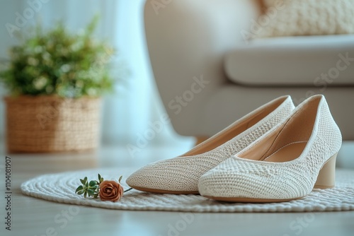 White high heels in a cozy room. Elegant and festive footwear design. Perfect for banners about events and celebrations. photo