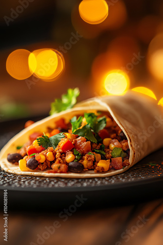 Closeup of a traditional taco with vibrant toppings, placed on a textured plate, warm lighting, ultrarealistic