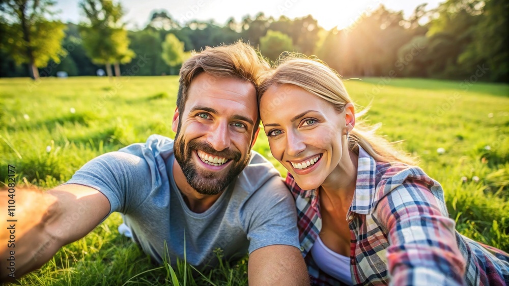 Obraz premium Happy Couple Taking Selfie in Green Park During Sunset, Smiling and Enjoying Each Other's Company in Nature with Warm Sunlight and Lush Grass Surrounding Them