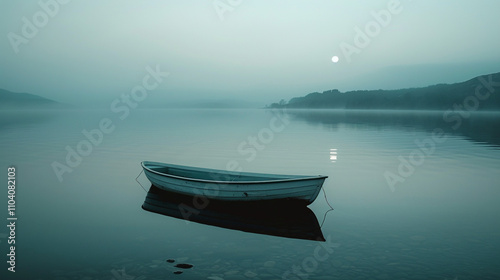 A small boat floating in the middle of a serene lake at twilight.