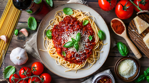 Delicious Homemade Spaghetti with Fresh Ingredients - Flat Lay Food Photography