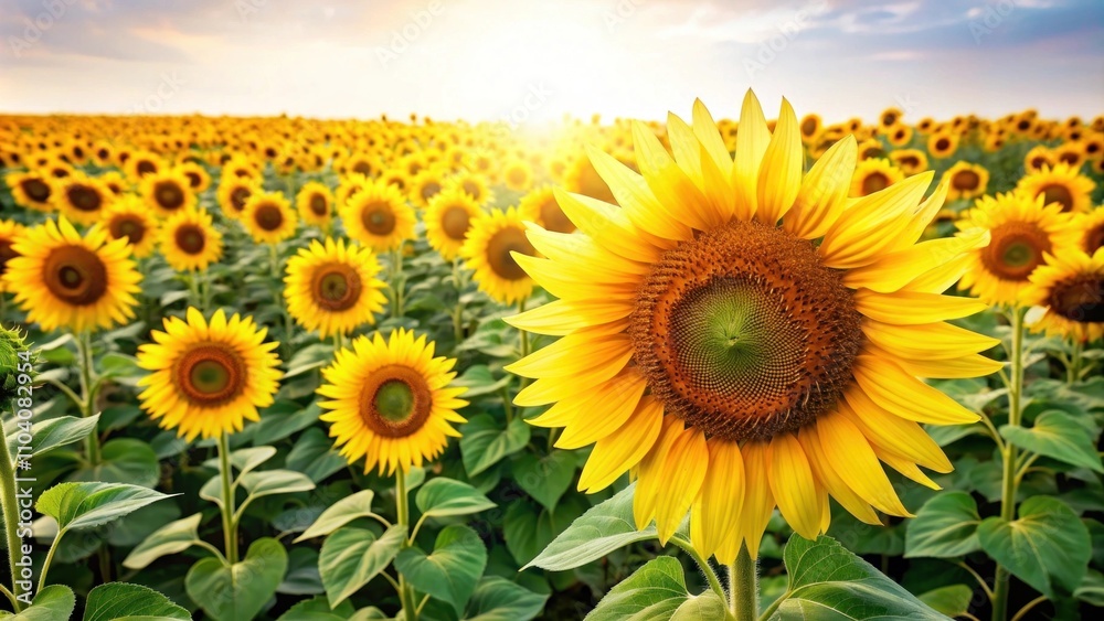 Obraz premium Breathtaking Sunflower Field at Sunrise with Golden Blooms Stretching Towards the Horizon Under a Bright Blue Sky Illuminated by Warm Sunlight