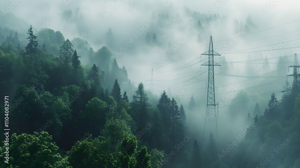 Obraz premium Misty Mountain Forest With Power Lines