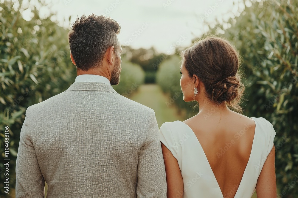 A stylish couple strolls hand in hand through a vibrant garden path, epitomizing love and companionship on their wedding day amidst lush greenery. A stylish couple strolls hand in hand through a vibrant garden path, epitomizing love and companionship on their wedding day amidst lush greenery.