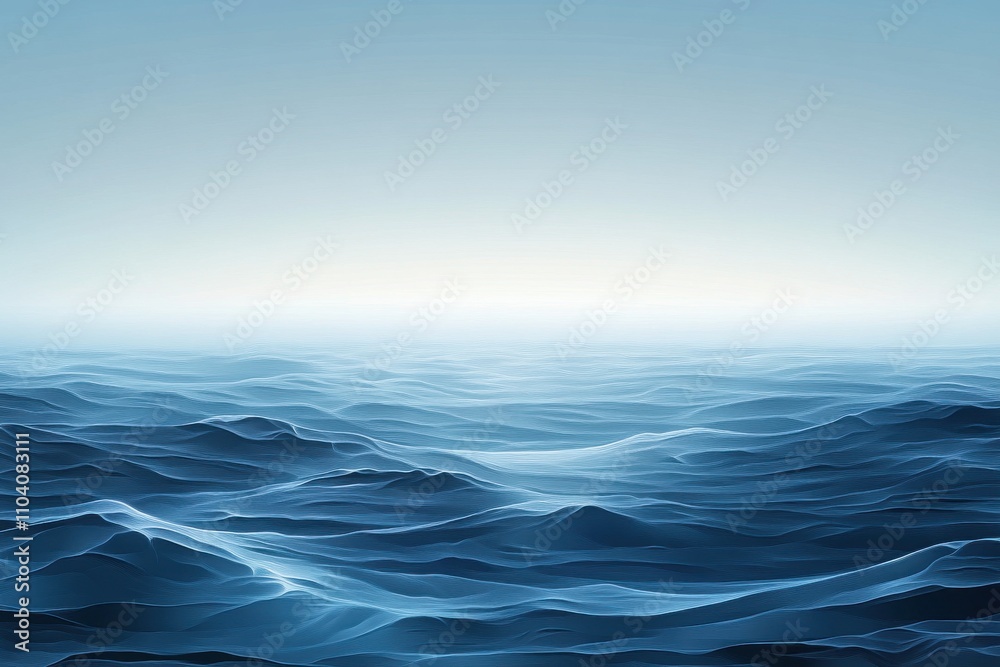 Fototapeta premium Serene blue ocean waves under a soft, gradient sky at twilight, creating a calming and tranquil atmosphere.