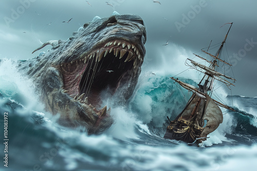 Epic sea battle with a giant mythical creature. photo