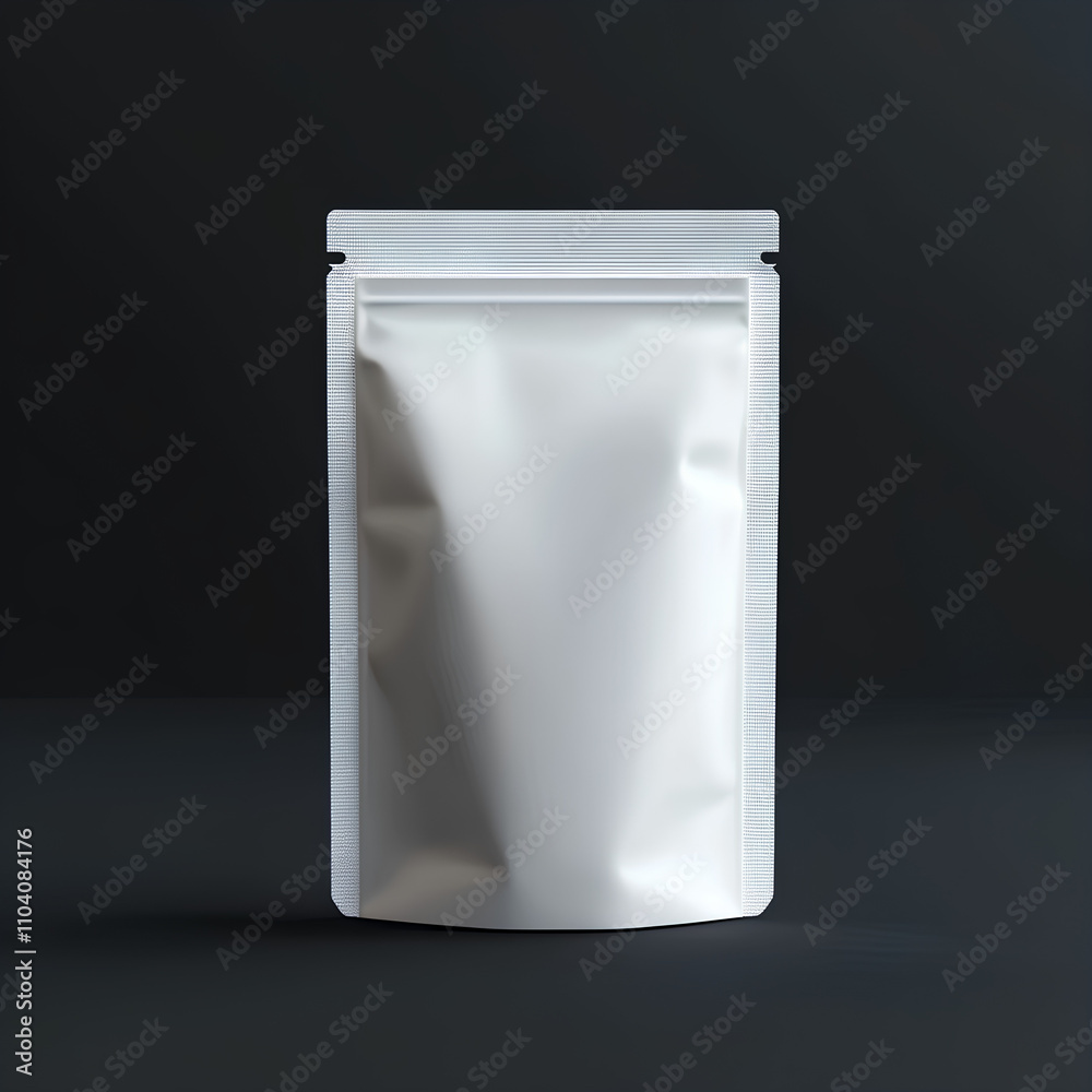 Minimalistic White Matte Stand-Up Pouch on Dark Background Minimalistic White Matte Stand-Up Pouch on Dark Background