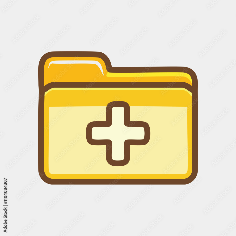 Medical records folder. Digital health file; secure storage; patient data; plus symbol indicates addition. Medical records folder. Digital health file; secure storage; patient data; plus symbol indicates addition.