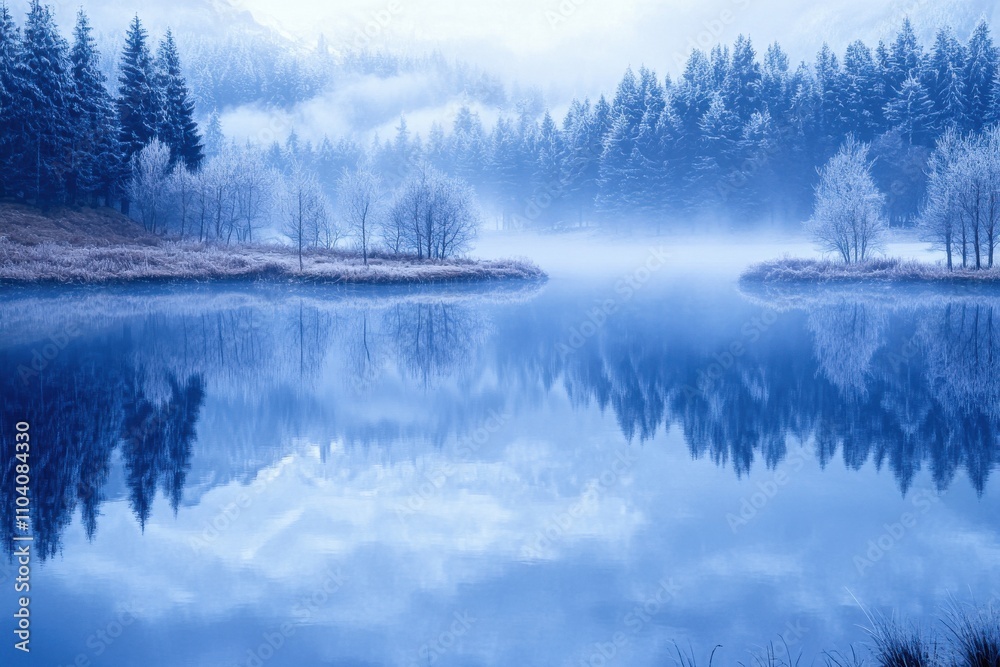 Serene winter landscape with mist rising over a tranquil blue lake, surrounded by frosted trees and mountains. Serene winter landscape with mist rising over a tranquil blue lake, surrounded by frosted trees and mountains.