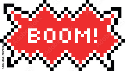 A red pixelated explosion with the word BOOM written in white
