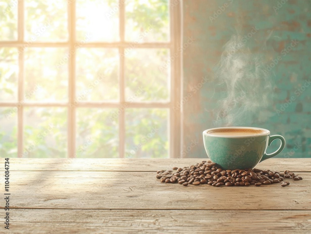 Espresso shot with steam rising, beans spilling onto the counter, rustic cafe aesthetic Espresso shot with steam rising, beans spilling onto the counter, rustic cafe aesthetic