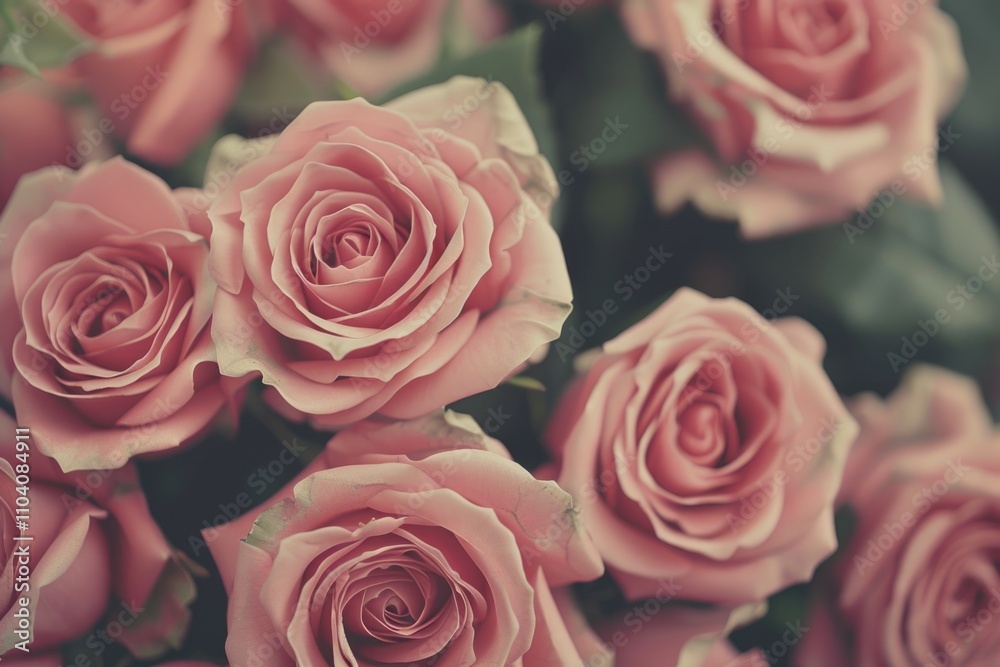 A bundle of pink roses with green leaves A bundle of pink roses with green leaves