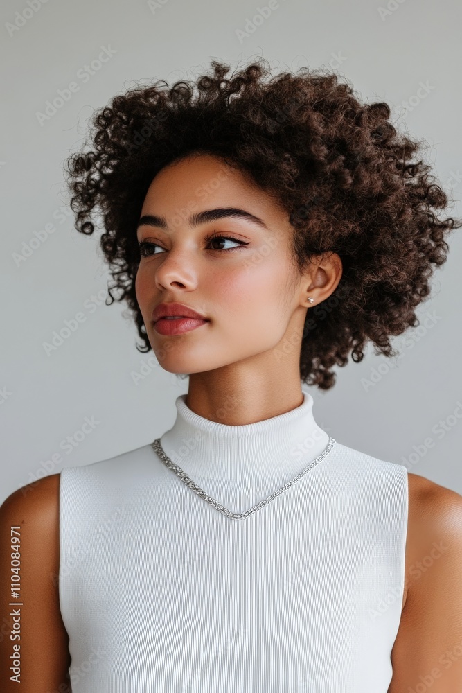 A poised woman with a thoughtful expression and stylish curls presents a sophisticated profile, highlighted by her sleek white turtleneck and silver necklace. A poised woman with a thoughtful expression and stylish curls presents a sophisticated profile, highlighted by her sleek white turtleneck and silver necklace.