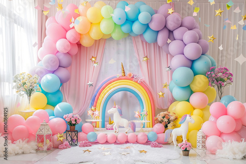  Pastel Balloon Arch with Unicorns and Rainbow for a Magical Party