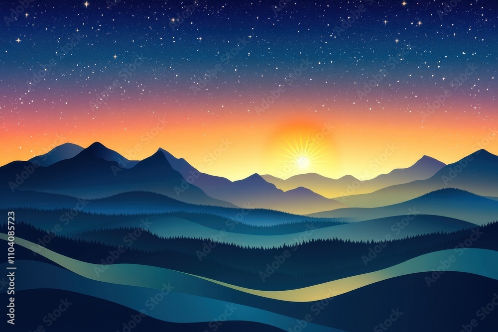 Fototapeta premium A stunning sunrise over a layered mountain landscape, casting warm hues in the sky against cool blue mountains.