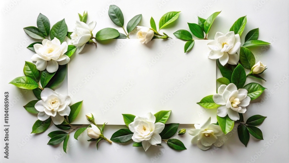 Elegant floral frame with white gardenias and lush green leaves on a clean white background, perfect for invitations, announcements, and aesthetic designs. Elegant floral frame with white gardenias and lush green leaves on a clean white background, perfect for invitations, announcements, and aesthetic designs.