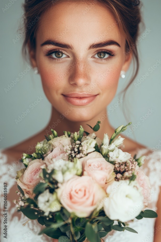 Naklejka premium A close-up of a bride with charming freckles, holding a beautifully arranged bouquet of roses and greenery, her radiant smile enhancing the joy of her special day.