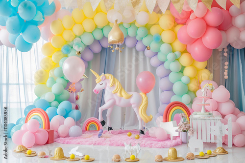  Pastel Balloon Arch with Unicorns and Rainbow for a Magical Party