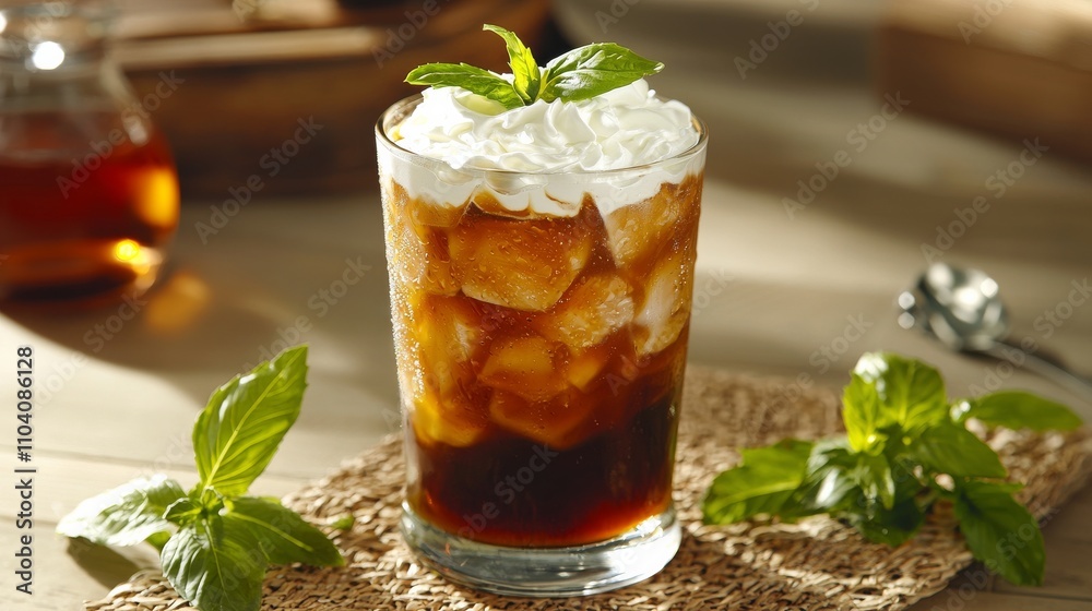 A refreshing glass of iced coffee topped with whipped cream and mint leaves, served over ice on a rustic table.
